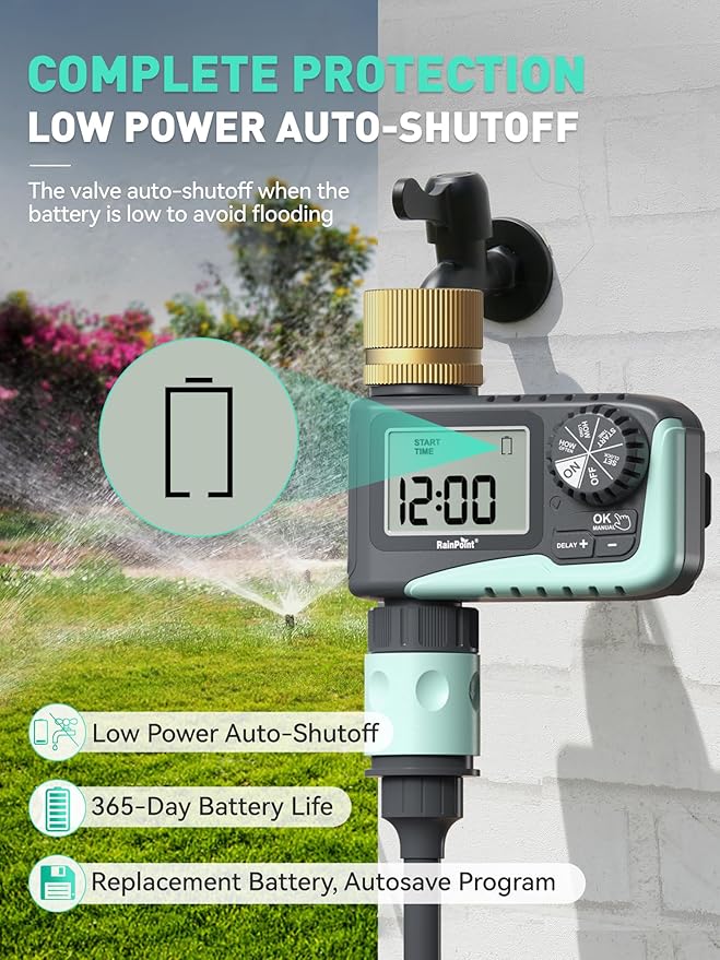 RAINPOINT 2-Pack Sprinkler Timer with Brass Swivel, Water Timer for Garden Hose, Programmable Hose Timer with Rain Delay/Manual Watering, Digital Irrigation Timer System for Lawns, 1 Outlet