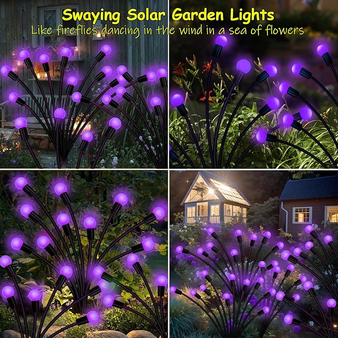 Kohlrabi Solar Garden Lights Outdoor, 4 Pack 40 LED Purple Firefly Lights Waterproof, Sway by Wind, Solar Swaying Light for Yard Patio Backyard Garden Planter Flower Bed Pathway Decoration