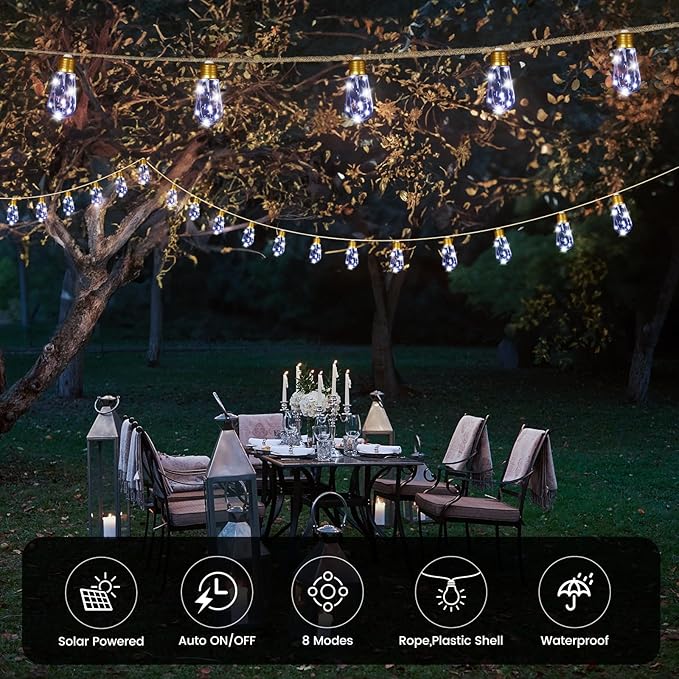 Solar Outdoor String Lights 24Ft Vintage Hemp Rope Solar Lights with 20 Shatterproof Bulbs,Solar Powered Patio String Lights with 8 Modes and Memory Function for Fence Garden Balcony Camping Bistro