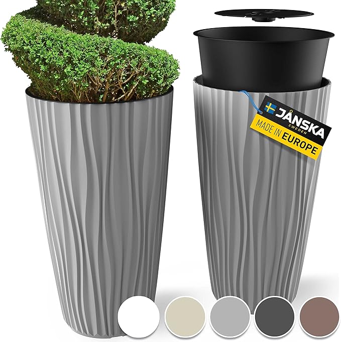 Mueller M-Resin Heavy Duty Tall Planter, Indoor/Outdoor Grande Plant, Tree, Flower Pot, 2-Piece Set, 24”, Modern Design, Built-in Drainage, Light Grey