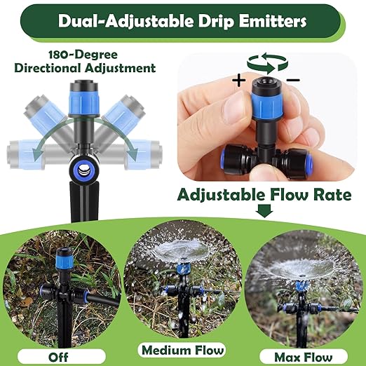 11PCS Adjustable Drip Irrigation Emitters(Fan-Shaped) Kit-Quick Connect for 1/4" Tubing, Dual Adjustment System-Easy to Install Drippers for Precise Garden Watering of Vegetables,Shrubs&Flowers