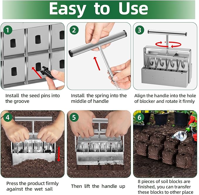 Soil Blocker 2 Inch 8 Cell Upgraded Soil Block Maker Heavy Duty with Comfortable Handle and 3 Sizes Seed Pins Handheld Soil Blocking Tool for Seed Starting transplanting Germination