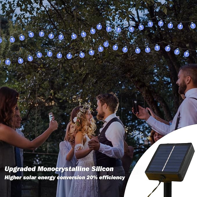 Solar Lights Outdoor Waterproof, 2 Pack Total 200LED 110FT Solar String Lights for Outside w/ 8 Modes, Outdoor String Lights Crystal Globe Patio Lights for Garden Yard Party Decor(Blue)