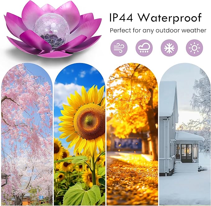 HPC Decor Solar Lights Outdoor Garden Decor - Art Crackle Globe Glass Lotus Decoration, Waterproof LED Metal Flower Lights for Outdoor Decor on Patio,Lawn,Walkway,Table,Perfect Gifts (Purple 11in)