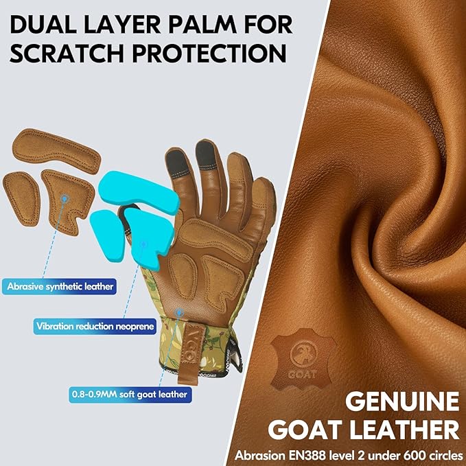 Vgo... 1Pair Gardening Gloves for Women, Goatskin leather Thorn Proof Working Gloves for Weeding, Digging, Raking, Pruning and Planting,Touchscreen (L,Light Green,GA7471)