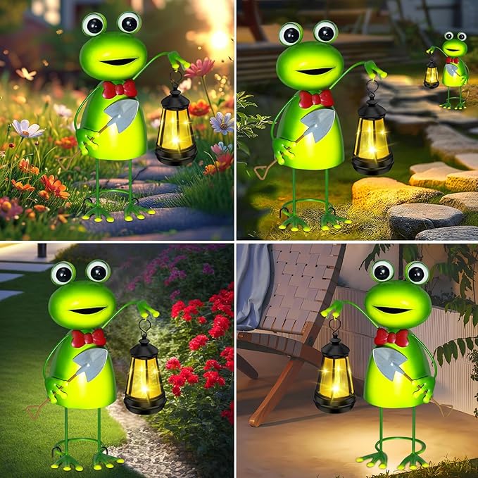 Solar Garden Lights Frog Statue with Solar Lantern lights,13.78in Frog Decoration Fairy Accessories,Birthday Gifts for Women Mom Grandma,Big Metal Decorative Stakes for Home decor,Patio,Porch,Yard Art
