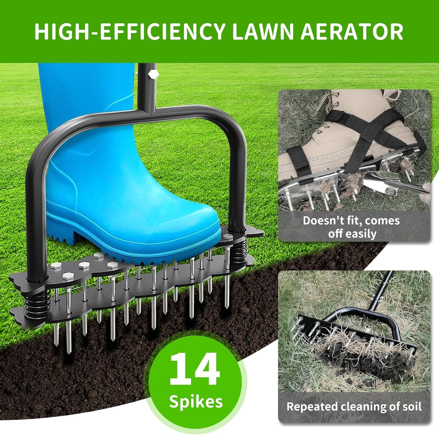 Aerator Lawn Tool, Lawn Aerator with 14 Spikes, Automatic Dirt and Leaf Clean with Spring-Loaded Design, Metal Manual Aerator for Loosening Soil Aerating Patio, Yard, Garden (Black)