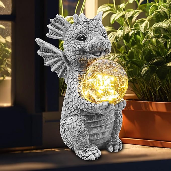 Solar Garden Outdoor Statues 7.2" Resin Dragon Statues Holding Magic Ball with Solar Lights,Lawn Decor for Patio, Balcony, Yard Ornament,Unique Gifts for Mom Grandma Housewarming