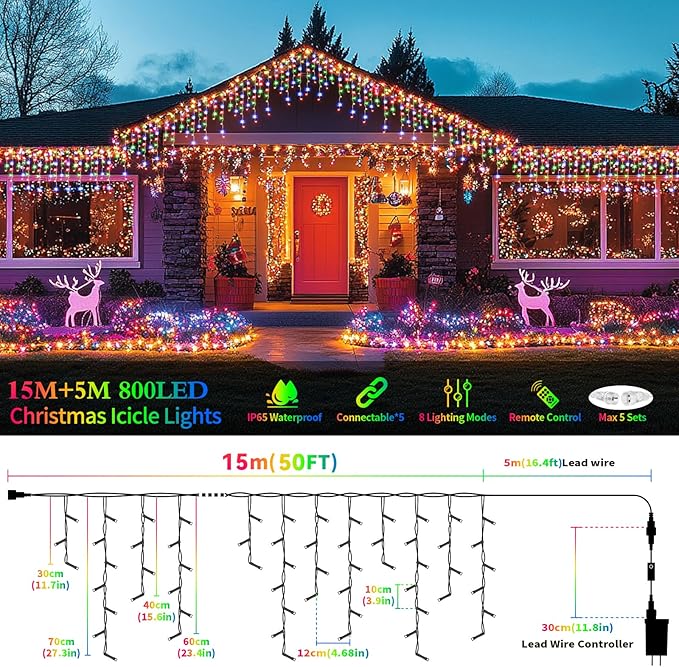 XZAI 800LED 50FT, Icicle String Lights, Plug-in, Multi-Color & Warm White, Christmas Party Decors, Connectable, Memory, Remote, 8 Modes, Timer, Dimmable, IP65 Waterproof, Hanging for Outdoor & Indoor