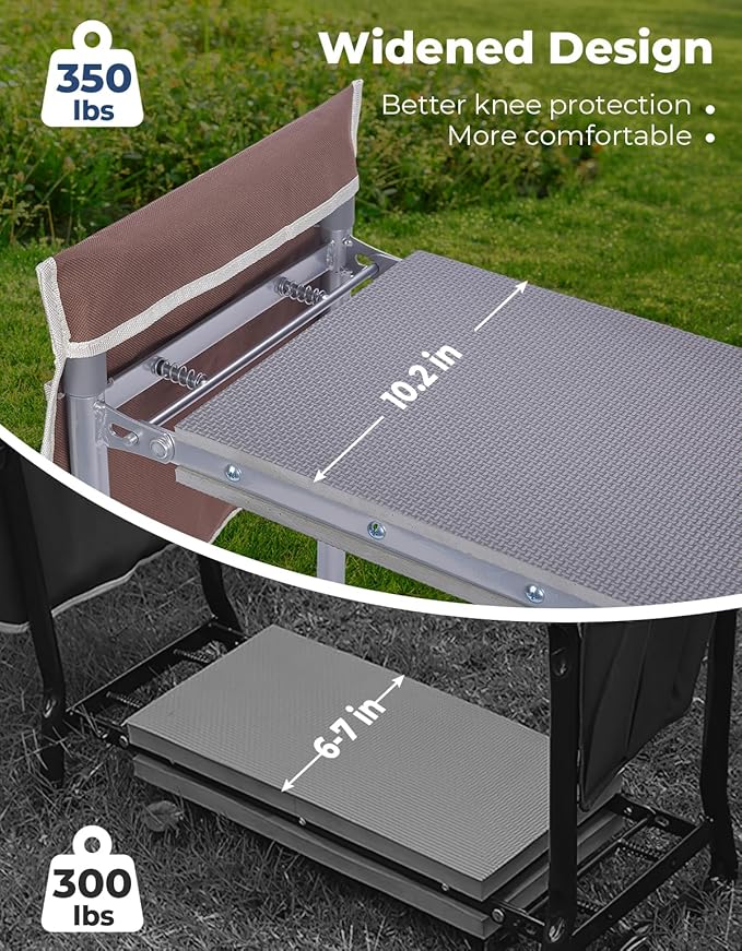DEERFAMY Garden Stool 10.2" Width, Garden Kneeler and Seat Load Cap 350 lbs, Heavy Duty Gardening Stool with Extra Kneeling Pad, 2 Tool Pouches, Claw Gloves, Gift for Women Seniors, 2 Pack