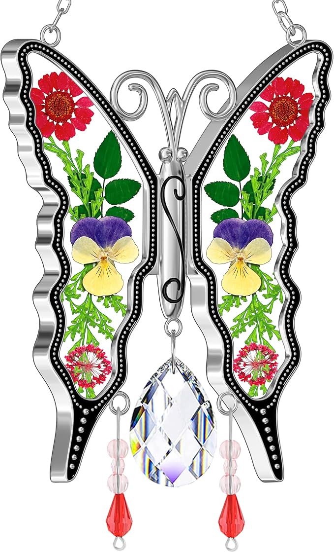 KY&BOSAM Butterfly Suncatchers for Windows - Stained Glass Crystal Wind Chimes with Metal Charms, Colorful Rainbow Prisms Garden Decor for Mom/Grandma, Christmas Wedding Gifts (8" Hanging Ornaments)