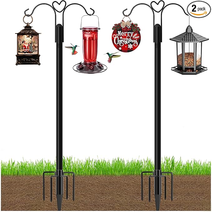 Ottsuls Bird Feeder Pole, 2 Pack 60 INCH Double Shepherds Hooks for Outdoor, with 5 Base Prongs Heavy Duty Tall Garden Planter Hooks for Hanging Flower Basket, Lantern, Hummingbird Feeder