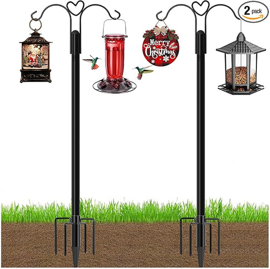 Ottsuls Bird Feeder Pole, 2 Pack 60 INCH Double Shepherds Hooks for Outdoor, with 5 Base Prongs Heavy Duty Tall Garden Planter Hooks for Hanging Flower Basket, Lantern, Hummingbird Feeder