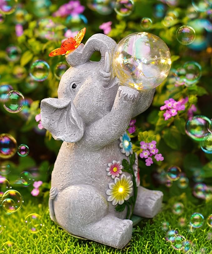 Solar Funny Elephant Statue for Garden: Outdoor Sculptures with Ball Lights and Butterfly Clearance Lawn Ornaments Yard Porch Patio Balcony - Gifts for Mom Grandma
