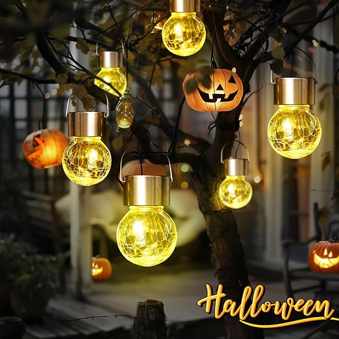 GIGALUMI 8 Pack Solar Outdoor Lights, Solar Hanging Lights for Christmas Decoration-Cracked Glass Solar Lights Outdoor Waterproof for Garden, Yard, Fence, Tree（Warm White）