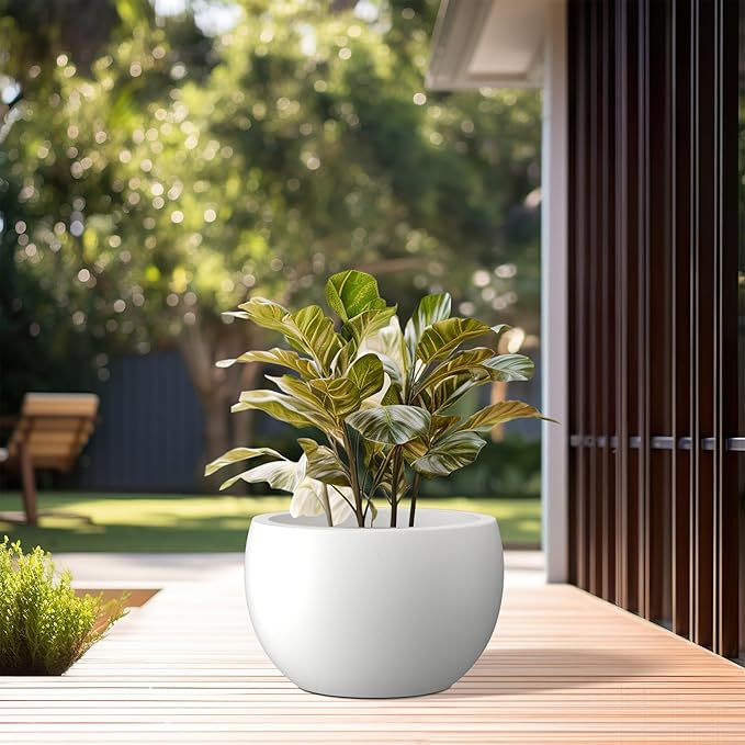 Kante 11.8" Dia Round Concrete Planter, Outdoor/Indoor Large Bowl Plant Pots with Drainage Hole and Rubber Plug for Garden Patio Balcony Home, Pure White