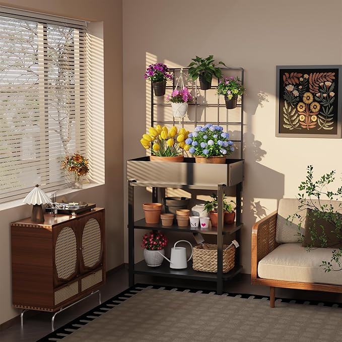 Elevated Planter Box with Trellis Raised Garden Bed with Legs Outdoor Standing Flower Beds for Patio Vegetable Herb