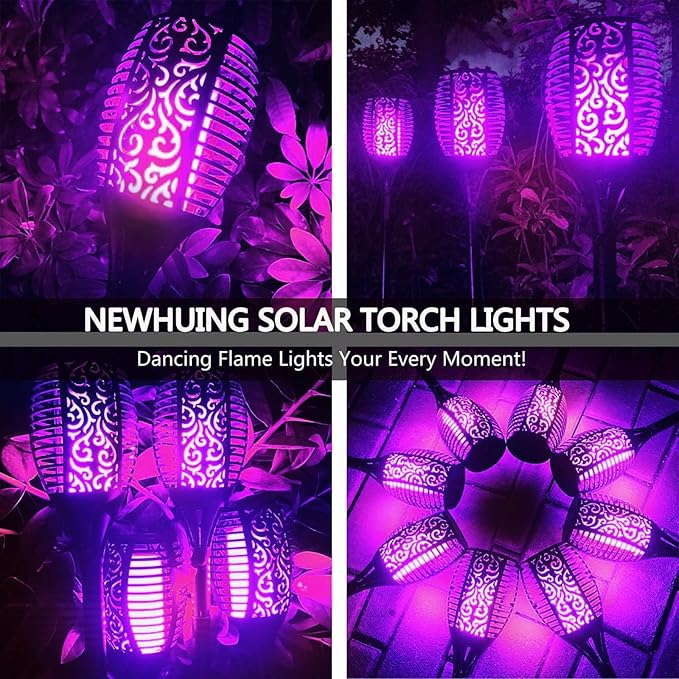 4PCs Halloween Solar Torch Lights Outdoor, 43in 96 LED, Waterproof Landscape Garden Pathway Light with Purple Vivid Dancing Flickering Flames, Auto On/Off Dusk to Dawn for Halloween Lights Decoration
