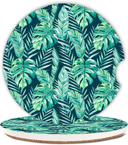 Green Tropical Foliage Palm Leaves Car Coasters,Ceramic Absorbent Cup Holders with Finger Notch & Cork Base Car Assecories for Women/Men 2.6"(2 Pieces)