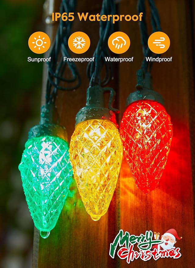 Solar Christmas Lights Outdoor, 2 Pack 50 LED C9 Strawberry String With Timer & 8 Modes, Waterproof Solar Christmas Tree for Outside Garden Patio Party Decor, Multicolor
