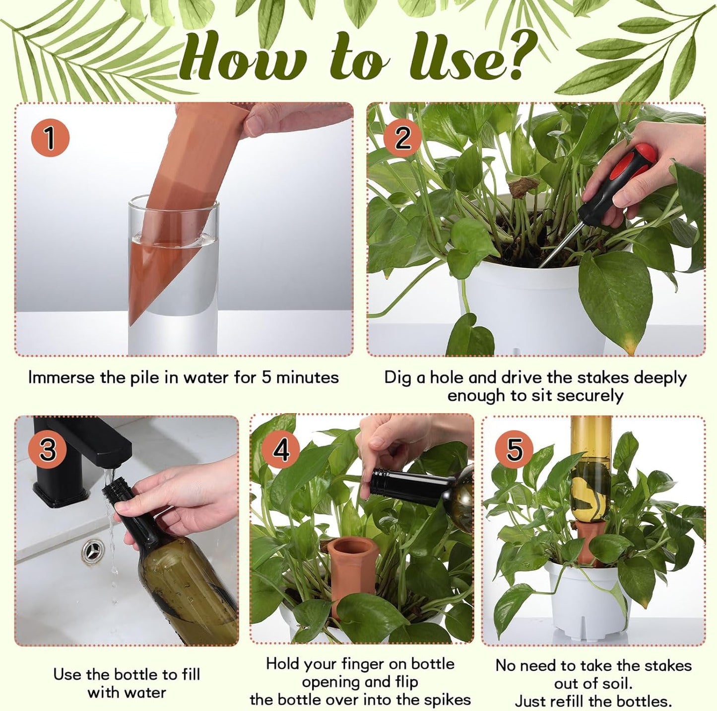 3 Sets Plant Watering Devices Include Terracotta Self Watering Spikes and 26 oz Plastic Bottles, Slow Release Vacation Insert Automatic Plant Waterer Device (Green and Terracotta)