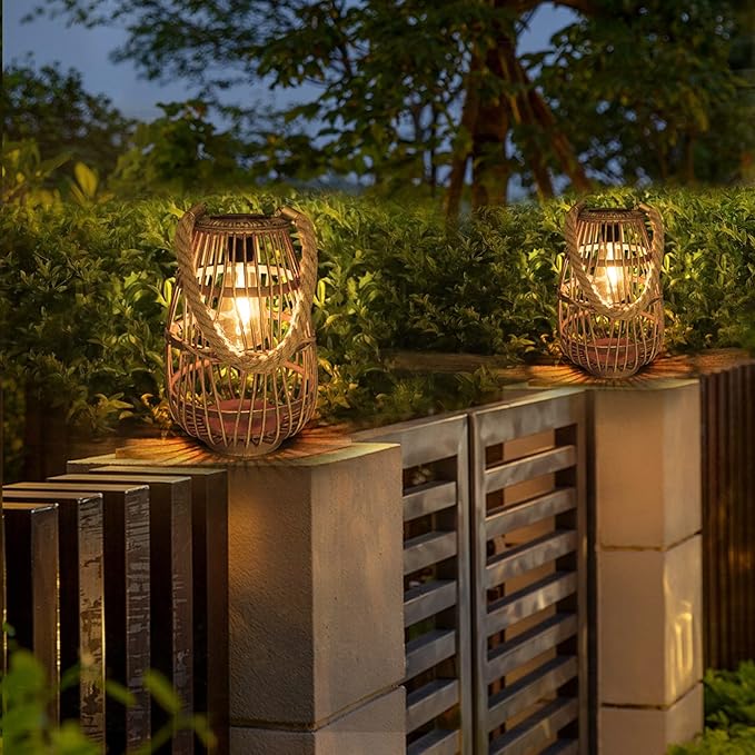 Solar Lantern Outdoor Waterproof Large Rattan Lanterns Decorative Bright Boho Lanterns Lights with Handle Rustic Hanging or Table Lamp for Fence Porch Garden Yard Wedding Decoration