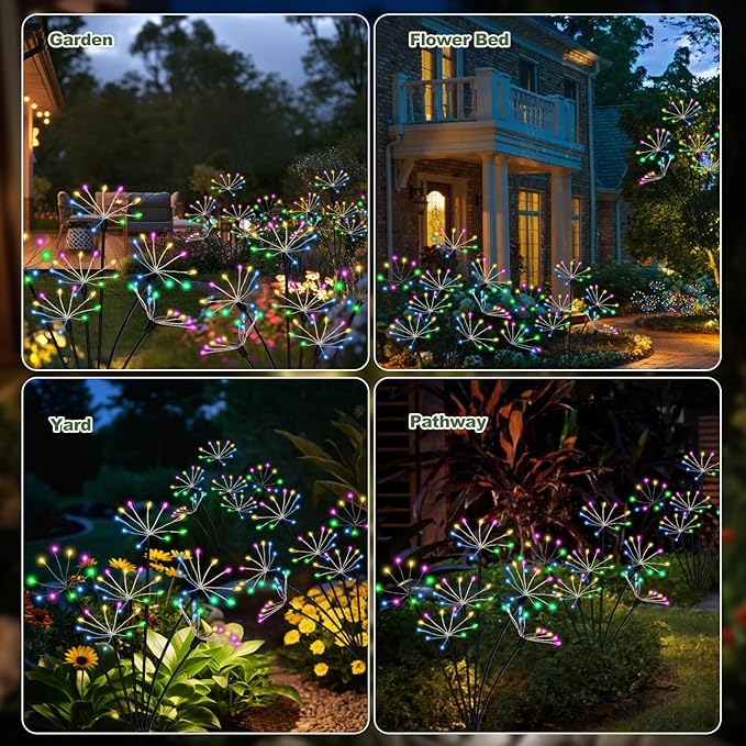 Solar Christmas Lights Outdoor Waterproof Decorative Solar Garden Lights 2 Pack 120LED Solar Firework Lights for Yard Bushes Lawn Flowerbed Xmas Decor，Christmas Gardening Gifts for Women, Multicolor
