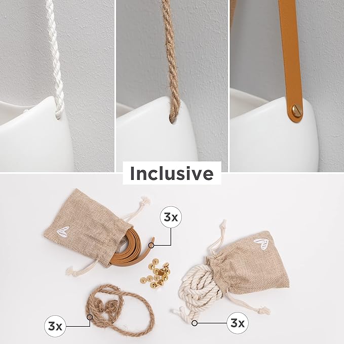 Wall Planters -Ellie- | Hanging Ceramic Plant Pots 3 Pieces | Wall Decoration for Indoors, Balcony and Garden | White (Matte)