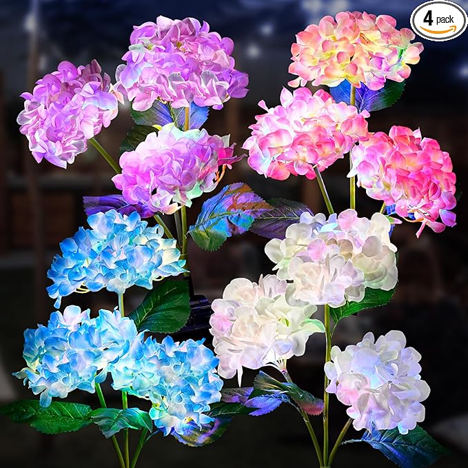 4 Pack Solar Garden Lights Outdoor, Colorful LED Waterproof Solar Powered Hydrangea Flowers Landscape Lights for Outside Yard, Patio, Pathway Decorative, Décor, Two Lighting Modes