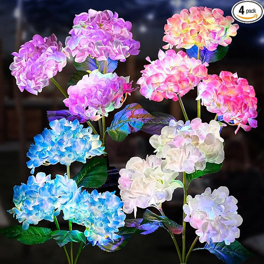 4 Pack Solar Garden Lights Outdoor, Colorful LED Waterproof Solar Powered Hydrangea Flowers Landscape Lights for Outside Yard, Patio, Pathway Decorative, Décor, Two Lighting Modes
