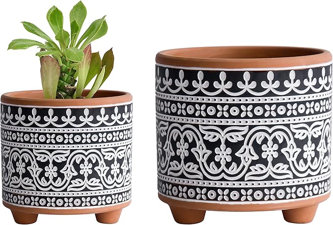 D'vine Dev Set of 2 Terracotta Planter Pots, 4.4 Inch & 6.4 Inch, Wave Pattern Plants Pot with Drainage Hole, Terracotta/Black, 31-953-F-2