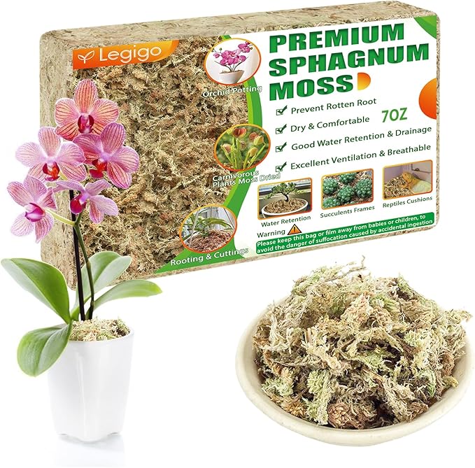Legigo 7OZ Premium Sphagnum Moss for Plants- 8QT Natural Succulent Carnivorous Plant Moss Dried, Long Fiber Orchid Moss for Orchid Repotting Succulent Sarracenia Potted Plants Gardening and Reptiles