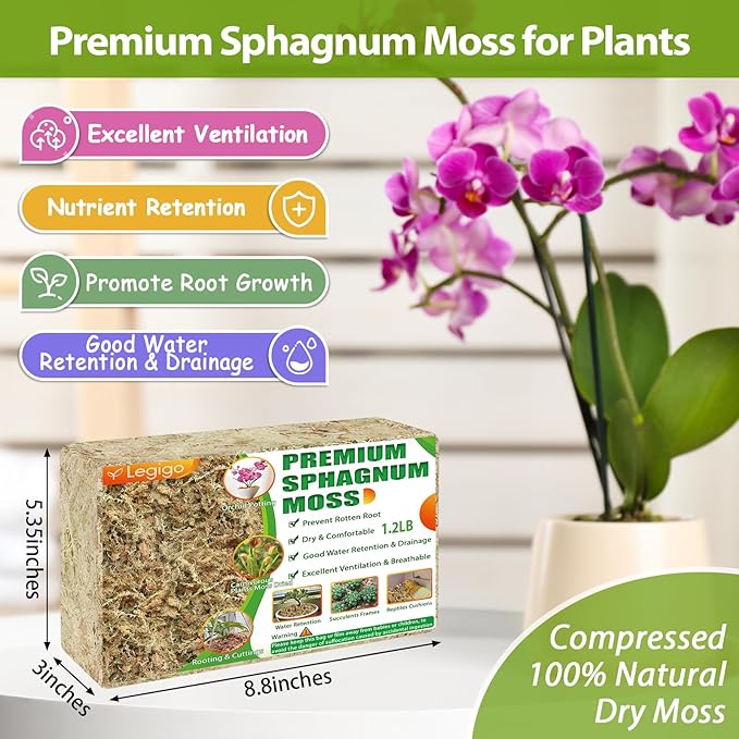 Legigo 1.2LBS Premium Sphagnum Moss for Plants- 20QT Natural Succulent Carnivorous Plant Moss Dried, Long Fiber Orchid Moss for Orchid Repotting Succulent Sarracenia Potted Plants Gardening & Reptiles