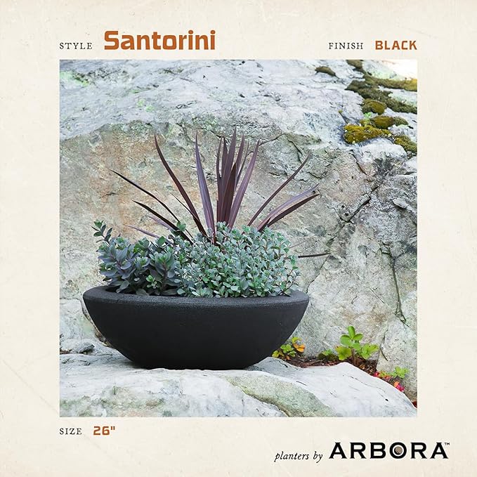 ARBORA 26" Santorini Bowl Polyresin Indoor and Outdoor Planter with Classic Black Finish - Durable, Weatherproof, Lightweight, Large Plant Pot for Patio, Garden, Deck, Entryway