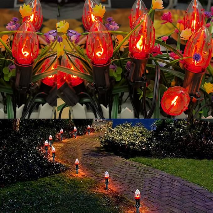 38Ft Outdoor Halloween Decorations Pathway Lights, C9 Flickering Flame Pathway String Lights with 25 Stakes Lights, Plug in Halloween Walkway Light Waterproof for Lawn Yard Sidewalk Garden