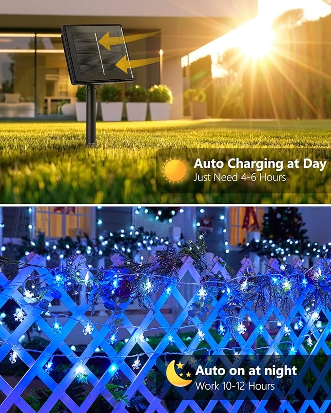 Solar Christmas Snowflake String Lights 2-Pack 100 LED 78FT Outdoor Waterproof Fairy Lights with 8 Lighting Modes for Wedding, Party, Tree, Room, Garden, Patio, Yard, Home(Blue)