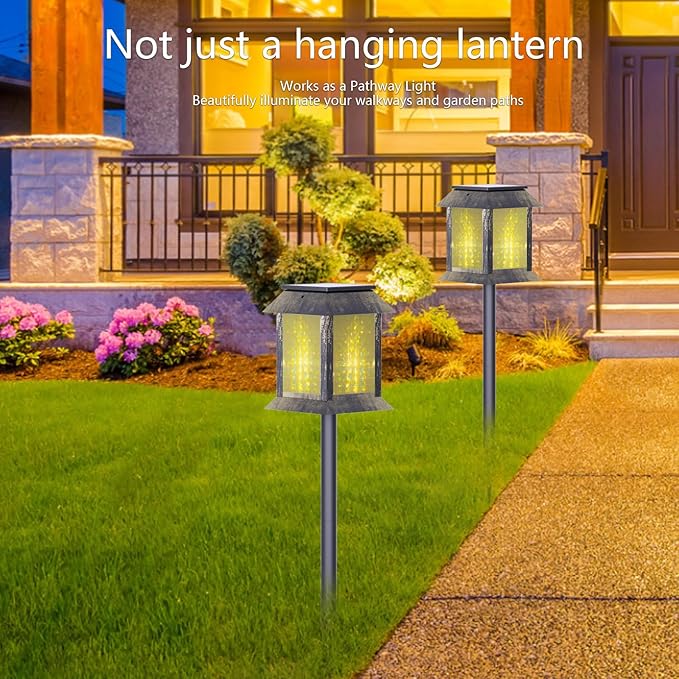 Solar Lanterns Outdoor Waterproof, 3D Hanging Solar Lights, Type-C Rechargeable LED Pathway Lights with 2 Modes (Steady & Flashing), for Garden Decor, Patio, Yard, Camping (1 Pack )