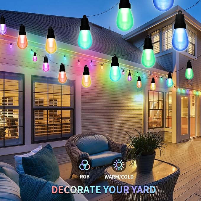 Outdoor String Lights 100FT, Outdoor Lights for Patio with 40 Dimmable RGBW LED Bulbs, IP66 Waterproof Shatterproof, with APP Control & Remote, 24V Adapter Color Change,for Backyard Decor