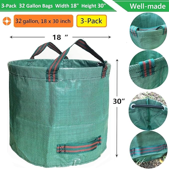 Standard 3-Pack 32 Gallons Garden Yard Bags (D18, H30 inches) with Coated Gardening Gloves Reusable Leaf Bags Standable Gardening Plant Trimming Bags Trash Containers Lawn Yard Waste Bags 4 Handles