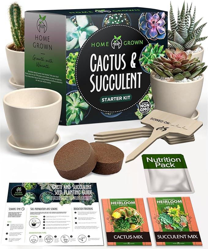 HOME GROWN Succulent & Cactus Seed Kit for Planting – [Enthusiasts Favorites] Premium Cactus & Succulent Starter Kit: 4 Planters, Drip Trays, Markers, Seeds Mix, Soil - DIY Gift Kits