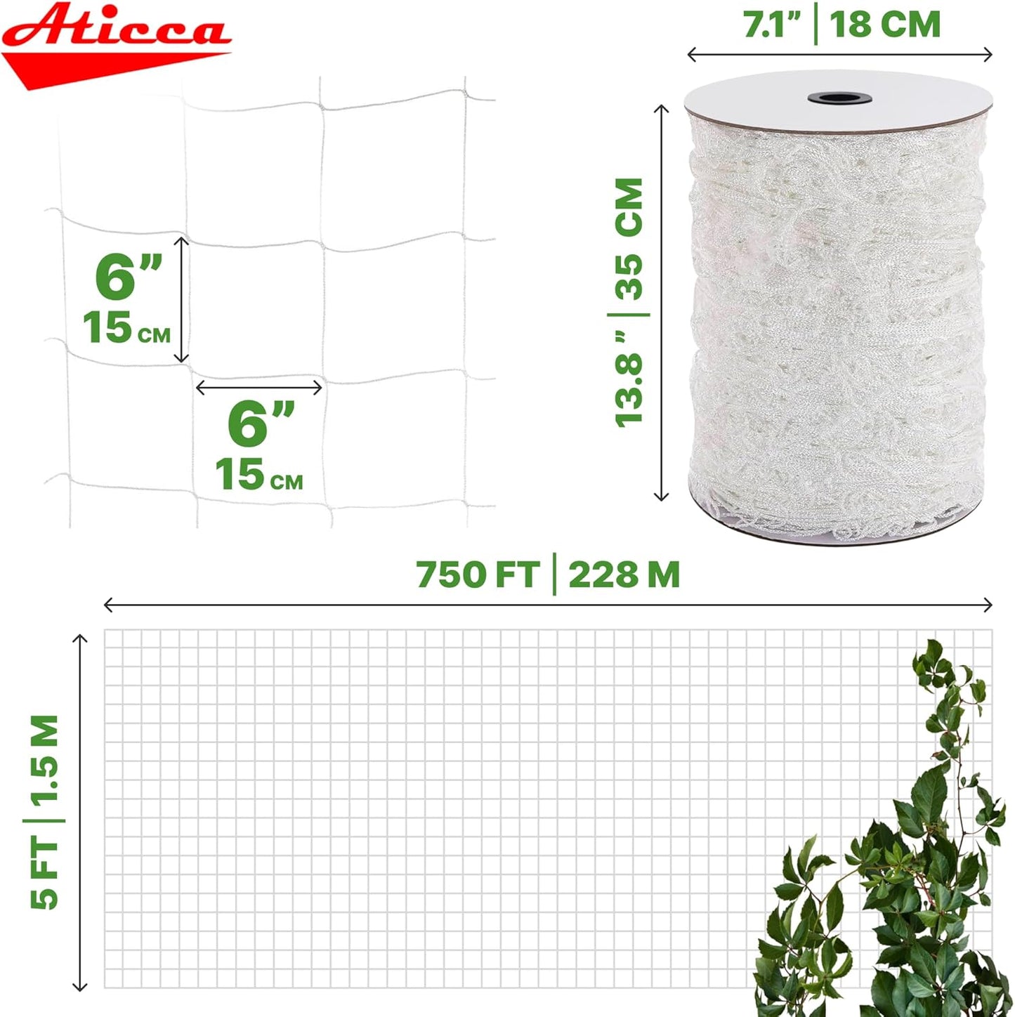 Trellis Netting 5 x 750 ft Heavy Duty Polyester Plant Support Netting White - 6 Inch Garden Rope Trellis on Roll - Mesh Twine for Growing Vine Climbing Plants, Flowers, Peas, and Tomatoes.