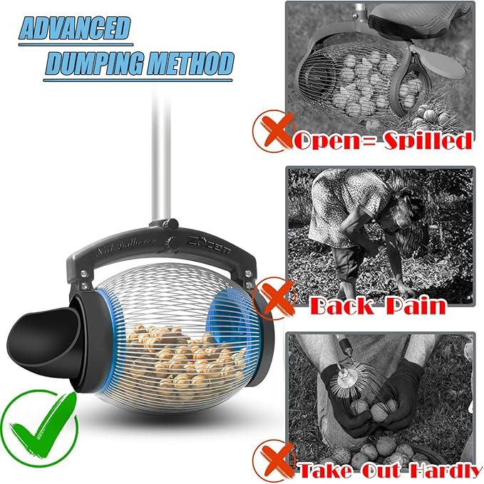 Zozen Acorn Picker Upper Roller, Acorn Dedicated Version | High Density Steelwire Gap - Directly Dump Outlet, Also Pick Nerf Balls, Pick Up Size 3/8'' to 1'' Small Diameter Objects, Capacity 1 Gallon