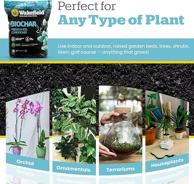 Wakefield Premium Biochar Soil Conditioner – 100% Pure Organic Biochar Soil to Boost Nutrient Retention & Water Efficiency for Houseplants, Gardens, & Lawns – 4 Quarts