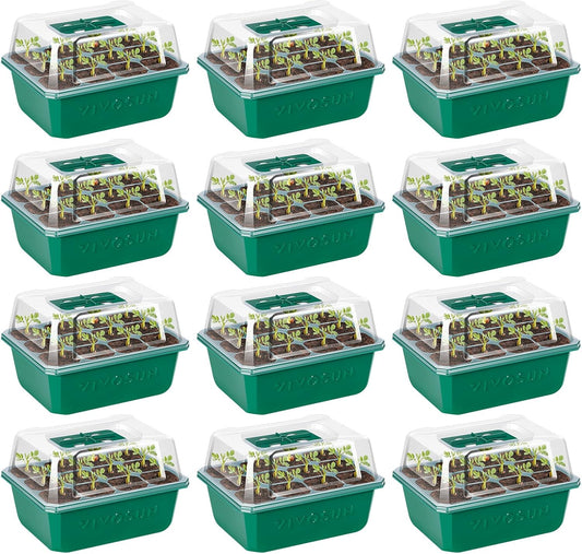 VIVOSUN 12-Pack Seed Starter Trays, 144-Cell Seed Starter Kit with Humidity Dome, Flat Reusable Plant Germination Trays with Drain Hole, Green Propagation Tray for Planting Seeds