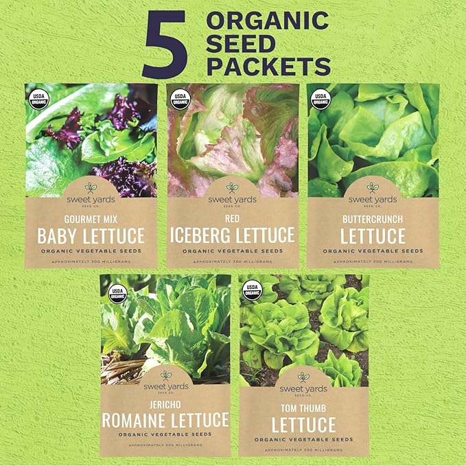 Organic Lettuce & Greens Seeds Variety Pack - 5 Individual Packs - 2025 Season - Buttercrunch, Gourmet Mix, Romaine, Tom Thumb & Iceberg. for Indoor & Outdoor Planting (Non-GMO, Certified Organic)