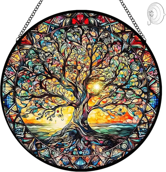 Tree of Life Suncatcher Stained Glass Window Hanging - 8″ Handmade Sun Catchers Indoor Window Valentines Day Decorations with Hooks and Chain - Wall Art Home Decor Panel Gifts for Women Men Mom Dad