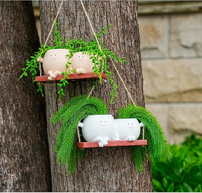Cute Swing Planter Hanging,Smiley Face Couple Planter Pot,Hanging Plant Face Pot for Indoor Outdoor Plants, (White)