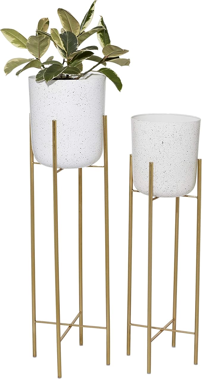 Deco 79 Metal Indoor Outdoor Planter Deep Recessed Dome Speckled Large Planter Pot with Removable Stand, Set of 2 Planters 39", 46"H, White