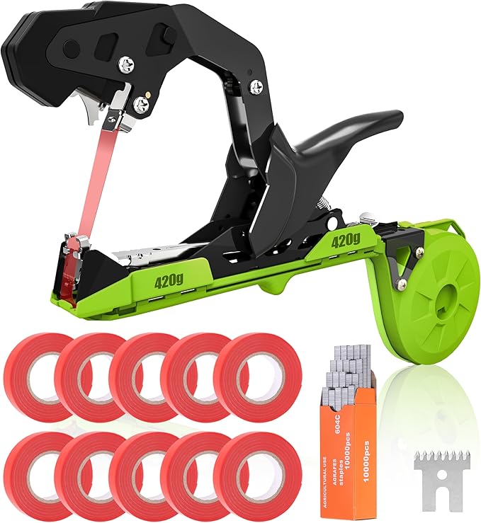 SWANSOFT Plant Tying Machine, Lightweight Plant Vine Tying Tape Machine Tool, Plant Tape Gun for Tomatoes, Grapes and Vegetable Garden, Come with 10000pcs Staples 10 Rolls Tape (Green)