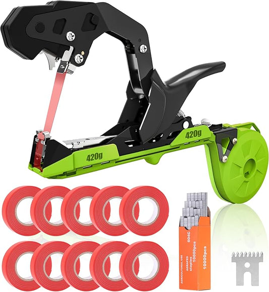 SWANSOFT Plant Tying Machine, Lightweight Plant Vine Tying Tape Machine Tool, Plant Tape Gun for Tomatoes, Grapes and Vegetable Garden, Come with 10000pcs Staples 10 Rolls Tape (Green)